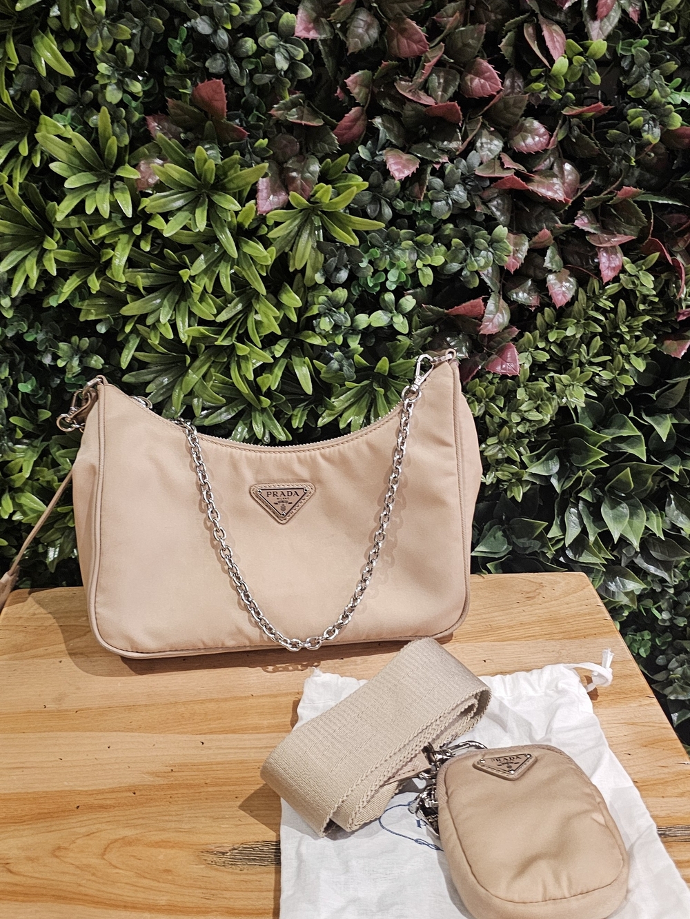 Prada Beige Re-Nylon Shoulder Bag with Silver Chain